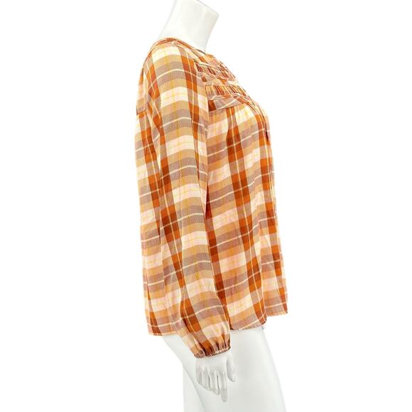 Lauren Conrad‎ Top Womens Small Tan Plaid Satiny Sheer Fall Western Country Boho - Picture 3 of 8